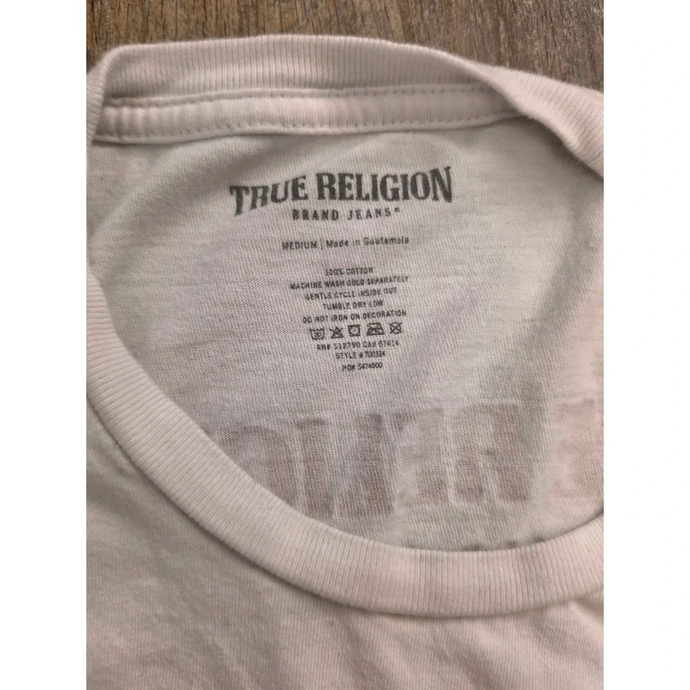 True Religion Mens White Buddha Graphic T-Shirt Medium Metallic Horseshoe Logo